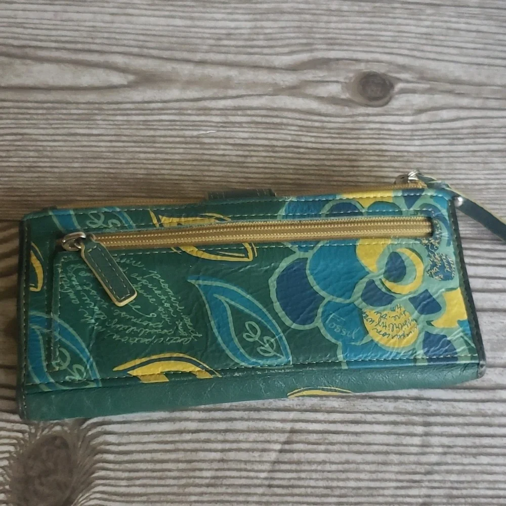 Fossil green and blue floral bifold wallet
